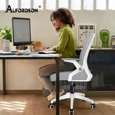 Produktbild von ALFORDSON Bürodrehstuhl, Ergonomischer Mittelhoher Netzstoff Drehstuhl mit Rollen, Bequeme Lendenstütze, Hochklappbare Armlehnen, Schlafzimmer, Weiß