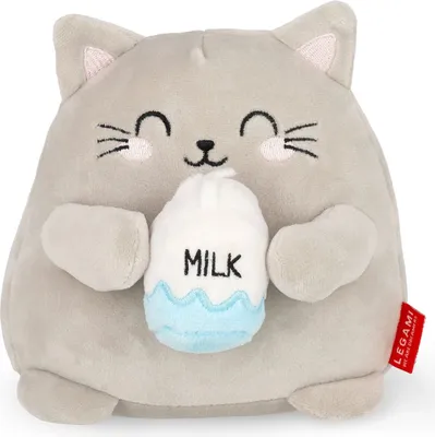 A plush toy cat holding a milk carton.