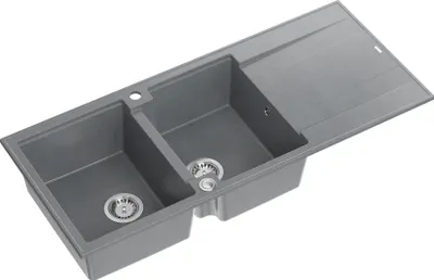 Produktbild von QUADRON Spülbecken 2-Becken Spüle | Größe: 116 x 50 x 21 cm | EVAN 121 | Küchenspüle Granitspüle aus GraniteQ mit Siphon | Grau & Stahl