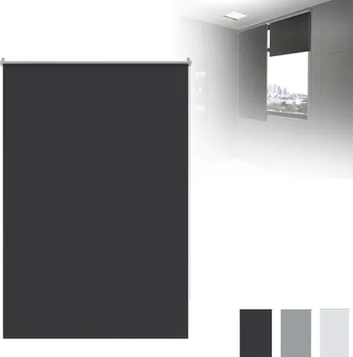 A dark gray roller blind is shown in the foreground, with a smaller inset image showing a window with a similar blind installed in a room.