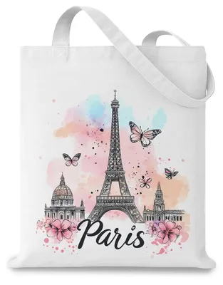 Image de Sac en tissu avec motif de la Tour Eiffel - Sac de courses imperméable en toile marine - Motif Paris sur les deux faces - Blanc