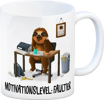 Produktbild von Kaffeebecher mit Faultier im Büro Motiv und Spruch: Motivationslevel: Faultier