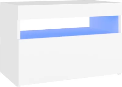 A white TV cabinet with a blue LED light strip.