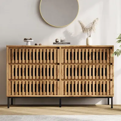Produktbild von Merax Sideboard mit 6 Schubladen, Kommode mit 5 Stützbeine, Aufbewahrungsschrank aus MDF, Buffetschrank mit vertikalen Lamellenfronten, Holzfarbe