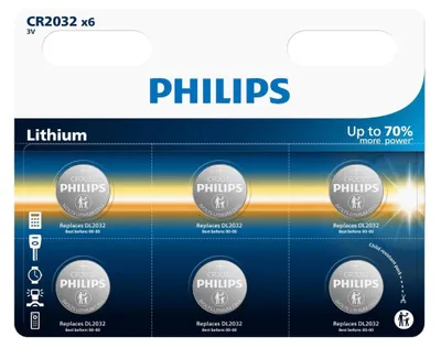 Productafbeelding van Philips CR2032 Lithium Knoopcel Batterijen - 3V Spanning - 200 mAh Capaciteit - Voordeelverpakking van 6 Stuks - Diameter 20 mm - Niet Oplaadbaar - Kleur Zilver