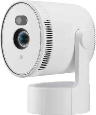 A white LG CineBeam projector is shown on a white base, viewed from a side angle.