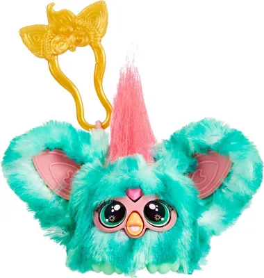 A close-up studio shot of a teal and white fluffy toy with pink accents and a gold keychain attachment.