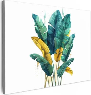 Produktbild von MuchoWow® - Leinwandbilder - Blätter - Grün - Tropisch - Gold - Natur, Wandbild, Wanddeko Bilder Wohnzimmer, 80x60 cm