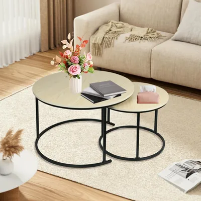 Produktbild von 2er Set Couchtisch Runder Satztisch Metallgestell,Couchtisch Eiche,Stapelbar Beistelltisch Set,Kaffeetisch Modernes Design Sofatisch Kleiner Tisch