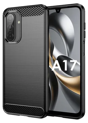 A close-up product shot of a black phone case with a carbon fiber texture, placed next to a smartphone displaying a colorful abstract wallpaper with the text "A17" on the screen.
