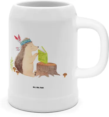 Produktbild von Mr. & Mrs. Panda Krug Igel Federschmuck - Weiß - Geschenk, Waldtiere, Camping, Indianer, Abenteuer, Steinbierkrug, Steinkrug, Tonkrug, Lagerfeuer, Seidel, Humpen