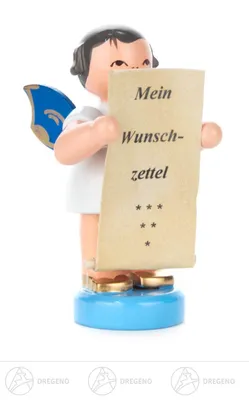 Produktbild von Engel mit Wunschzettel - Blaue Flügel - stehend (6cm) von Kunstgewerbe Uhlig