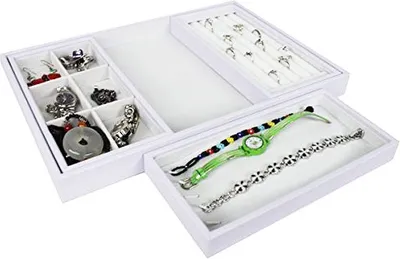 Produktbild von 4 tlg.  Vorlagebrett Schmuckkasten Schmucklade Schmuckdisplay Schaukasten mit Haken Fächer für Ringe Ketten Schmuck weiss
