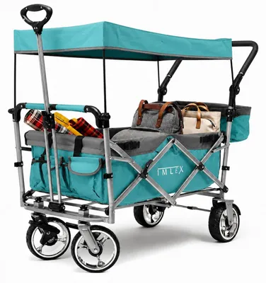 Produktbild von IMLEX Bollerwagen faltbar mit Dach IM-4268 Türkis | Hohe Stabilität, 1X 3-Punkt Gurtsystem | Handwagen klappbar mit Schiebegriff ideal für 2 Kinder