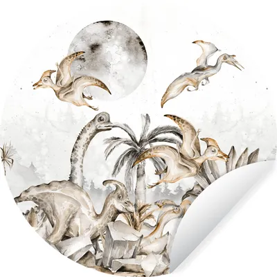 Produktbild von MuchoWow® Runde Wandtattoo - Wandsticker Tapete Aufkleber Dino - Dschungel Dekoration - Kinder - Junge - grün Ø 100 cm Selbstklebend und Repositionierbar - Wandaufkleber - Kreis - Tapetenkreis - Wandbild rund - Schlafzimmerdekoration - Wanddeko - runde Tapete - Kunst für zu Hause