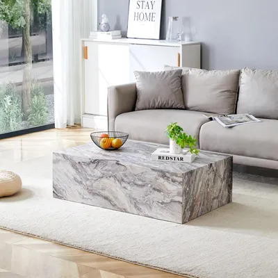 Produktbild von Rechteckiger Couchtisch 90 cm, graue Marmorimitat-Textur, MDF, keine Montage nötig