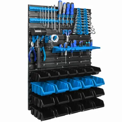 Immagine prodotto di Pannello porta attrezzi da appendere 58x78cm con 22 pezzi. Scatole blu montate a parete con set di supporti in plastica