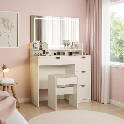 Obrázok produktu pre Toaletný stolík ProximaX v bielej farbe s LED zrkadlom – 5 zásuviek, stolička, 2 zásuvky a 2 USB porty, držiak na fén