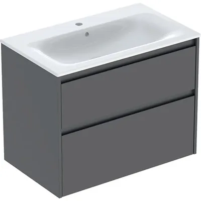 Produktbild von Geberit Renova Plan Set Möbelwaschtisch schmaler Rand, mit Unterschrank, zwei Schubladen: 80x62.1x48cm, Breite Waschtisch=80cm, Waschtisch: weiß / KeraTect, Korpus, Front: lava / lackiert seidenmatt