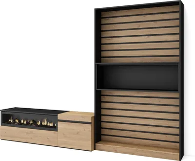 Produktbild von Wohnwand Wohnzimmer, 260x35x186cm, Für TV-Geräte bis zu 65", Elektrokamin, Eiche und Schwarz
