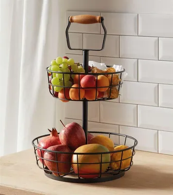 Produktbild von Etagere "Modern" aus Metall, matt schwarz, 2 Etagen, Obstetagere mit Griff, Obstkorb, Obstschale