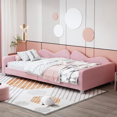 Produktbild von MODFU Schlafsofa Kinderbett 90x200cm mit Lattenrost, Holzbett Tagesbett Daybett Jugendbett Gästebett mit Rückenlehne und Armlehnen, Rosa(Ohne Matratze)