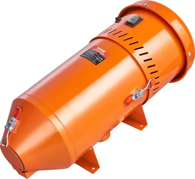 An orange industrial fan or dust collector is shown against a white background.