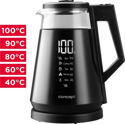 A black electric kettle with a glass top is shown, with temperature presets displayed on the side. A separate graphic on the left shows temperature options.