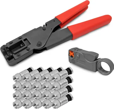 Produktbild von ARLI Kompressionszange + Abisolierer + 20x F-Kompressionsstecker 7 – 7,5 mm – Werkzeugset für SAT TV Koaxkabel