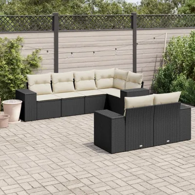 Produktbild von Design 7-tlg. Garten-Sofagarnitur mit Kissen Schwarz Poly Rattan, Gartenmöbel-Sets 2024 Neu