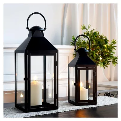 Produktbild von Set aus 2 Deko-Laternen 44,5 cm & 24 cm hoch, schwarze Kerzenlaternen für drinnen und draußen, hängende Laternen im Vintage-Stil