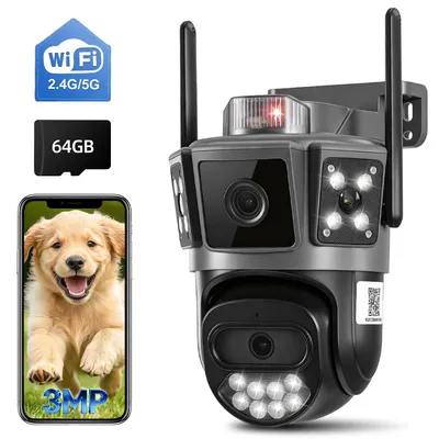 Produktbild von 6MP WLAN Überwachungskamera Dual-Objektiv, 3-Bild-Anzeige, Farb-Nachtsicht, PTZ, Bewegungserkennung, IP66, inkl. 64GB TF-Karte