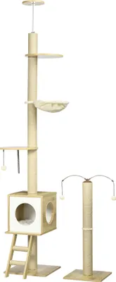 Image de PawHut Lot de 2 arbres à chat sol au plafond hauteur réglable 225-285 cm 4 niveaux - niche, hamac, échelle, jeux - beige