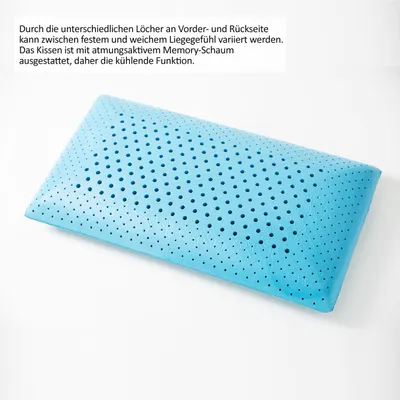 A light blue memory foam pillow with perforations is shown on a white background.