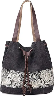 Produktbild von Damen Handtasche Canvas Schultertasche Umhängetasche Damen Shopper Tasche Schöne Vintage Henkeltasche Beuteltasche (Schwarz)