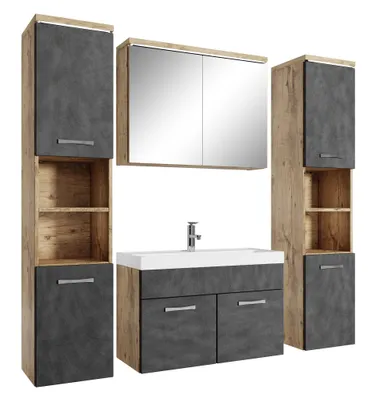 Produktbild von Badplaats Badmöbel Komplettset Paso XL LED 80 x 40 cm Kastanien Eiche mit Dunkel Grau - Badezimmermöbel mit Waschbecken, Spiegelschrank und 2 Badezimmerschränke