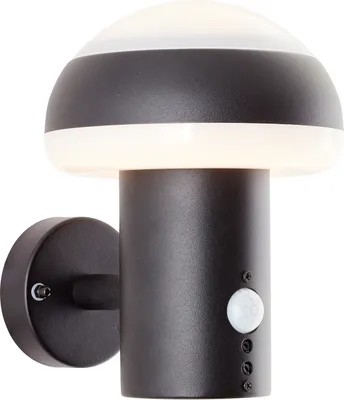A black outdoor wall lamp with a mushroom-shaped top, mounted on a white background.