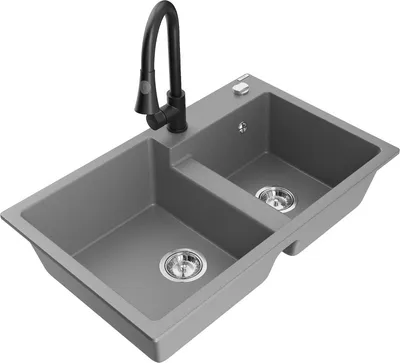 Produktbild von Mexen Tomas 2-Becken-Granitspüle mit Mischbatterie Elia, Grau - 6516-71-670101-70