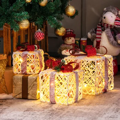 Produktbild von Zestaw 3 podświetlanych pudełek na prezenty COSTWAY, prezenty na baterie z czerwonymi kokardkami, 60 światełkami LED i 6-godzinną funkcją timera, podświetlane dekoracje świąteczne do użytku wewnątrz i na zewnątrz