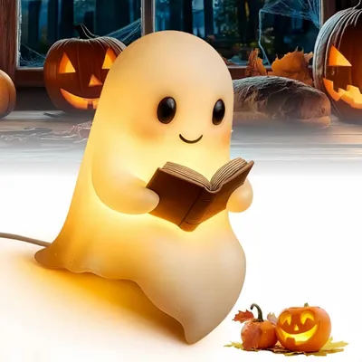 Produktbild von Halloween Geisterstatue Nachtlicht mit USB Stromversorgung, Niedliche Bücher Geisterleselampe, Halloween-Deko, 3D-LED-Nachtlicht, USB-Betrieben (15cm)