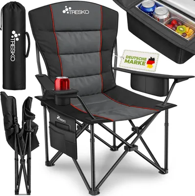 Produktbild von TRESKO® Campingstuhl Faltbar bis 200kg | Faltstuhl mit Kühltasche, Getränkehalter & Seitentasche | Klappstuhl XXL inkl. Tragetasche | Angelstuhl gepolstert für Outdoor, Angeln, Festival & Garten