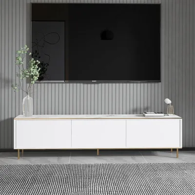 Image de Skye Decor, Imaj - Marble, White, Meuble TV, Marbre blanc, PANNEAUX DE PARTICULES 100 % MÉLAMINÉS, 180 x 35 x 45,2 cm