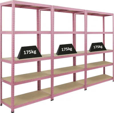 Immagine prodotto di Mega Deal | 3x scaffalatura pesante PINK LADY | HxLxP 180x90x40cm| Carico scaffale 175kg | 5 livelli | Rosa