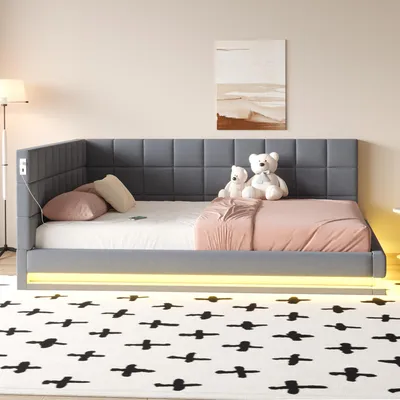 Produktbild von Polster-Schlafsofa 160*200 Multifunktionales Bett mit LED-Lichtleiste, USB-Anschluss und Lattenrost, Leinenstoff, Grau
