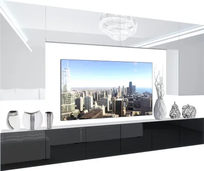 Produktbild von BELINI Wohnwand Vollausstattung Wohnzimmer-Set Moderne Schrankwand mit LED-Beleuchtung Weiß Glänzend Anbauwand TV-Schrank Weiß / Schwarz Glänzend