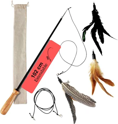 Immagine prodotto di Canna da pesca per gatti Jooier premium con piume - manico in legno, 3 piume sostituibili e cavo di gomma di ricambio - canna da pesca per gatti allungabile (102 cm)