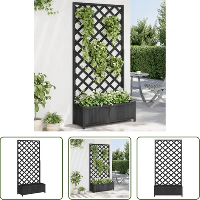 A collage of images showing a black wooden planter box with a trellis, designed for climbing plants, in an outdoor setting.