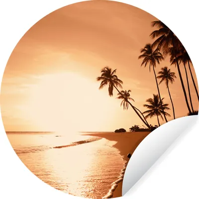 Produktbild von MuchoWow® Runde Wandtattoo - Wandsticker Tapete Aufkleber Sonnenuntergang - Tropisch - Palme - Strand - Meer Ø 30 cm Selbstklebend und Repositionierbar - Wandaufkleber - Kreis - Wandbild - Fototapete - Selbstklebend - Dekoration - Wandschmuck - Schlafzimmer