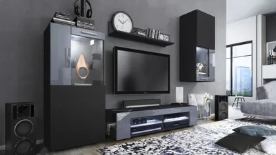Produktbild von Vladon Wohnwand Movie, Anbauwand bestehend aus 1 TV-Board, 2 Vitrinen und 1 Regal, Schwarz matt/Schwarz matt/Grau Hochglanz, inkl. LED-Beleuchtung weiß (Gesamt: 300 x 190 x 39 cm)