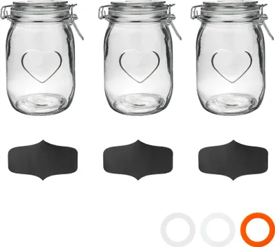 Produktbild von Herzförmige Vorratsdosen aus Glas mit Etiketten, 1 Liter, transparenter Verschluss, 3 Stück